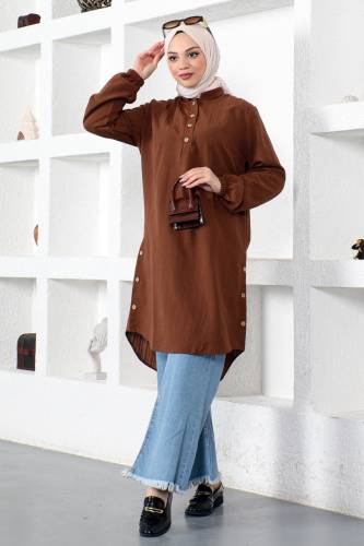 Yanları Düğmeli Tunik TSD230110 Kahverengi 
