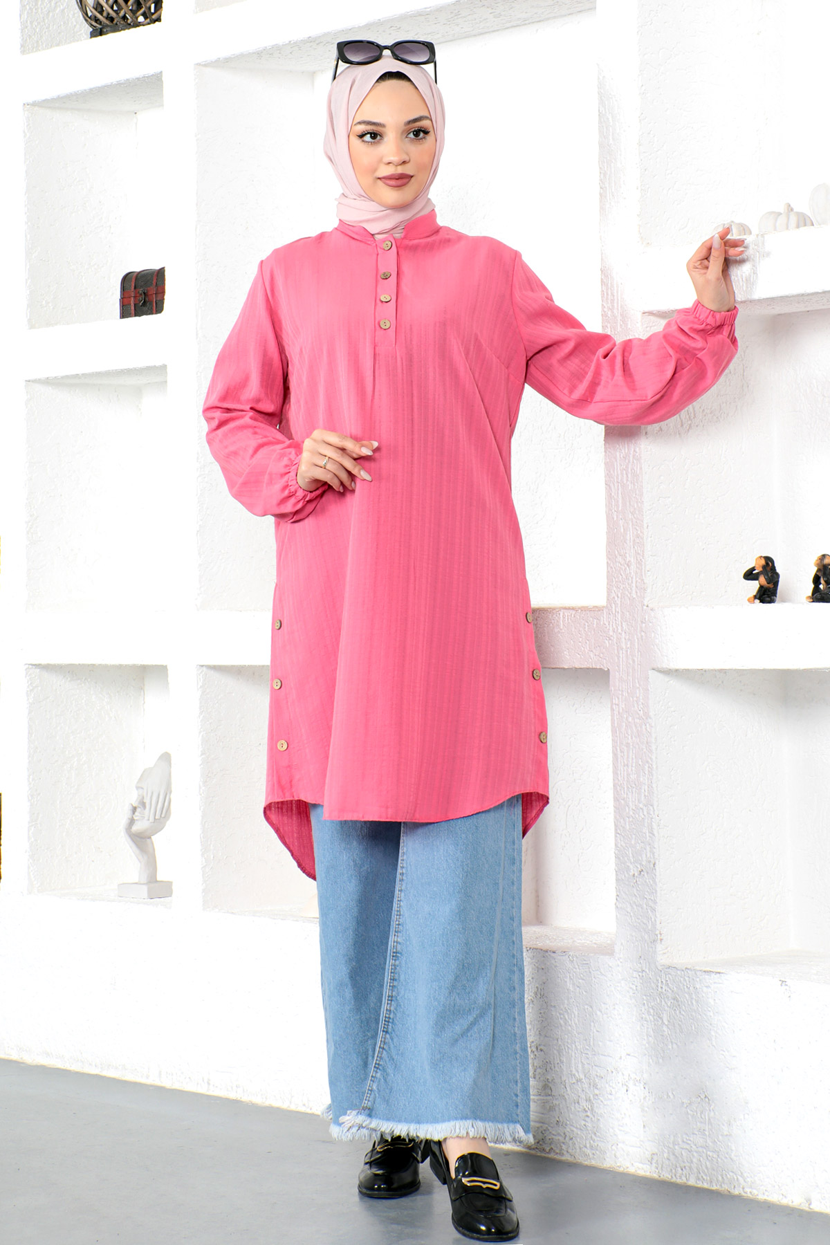 Tesettür Dünyası - Yanları Düğmeli Tunik TSD230110 Pembe