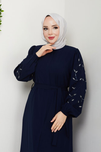 Yaprak Desenli Ferace TSD250153 Lacivert - Tesettür Dünyası (1)