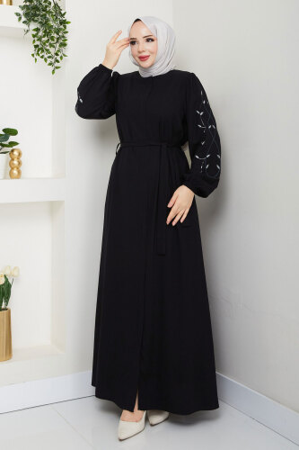 Yaprak Desenli Ferace TSD250153 Siyah - 4