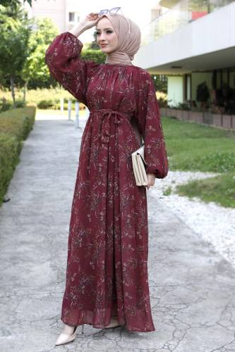 Yaprak Desenli Şifon Elbise TSD220537 Bordo - Tesettür Dünyası