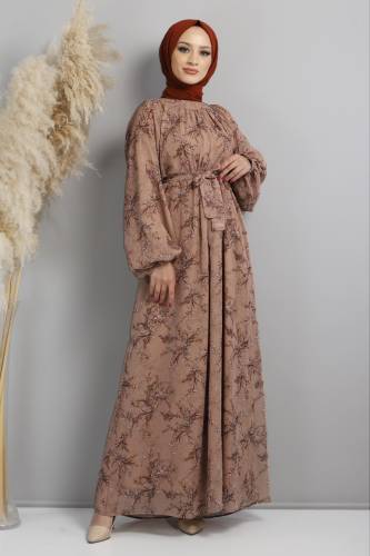 Yaprak Desenli Şifon Elbise TSD220537 Vizon - Tesettür Dünyası