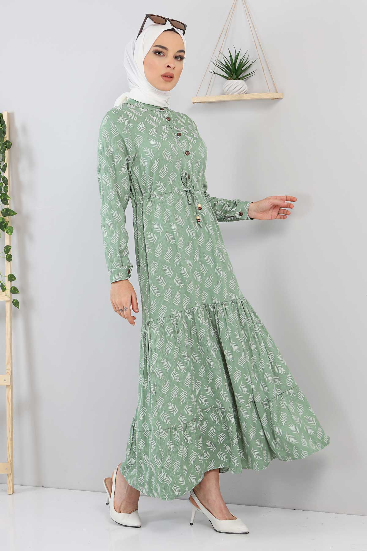 Tesettür Dünyası - Yaprak Desenli Tesettür Elbise TSD211236 Mint Yeşili