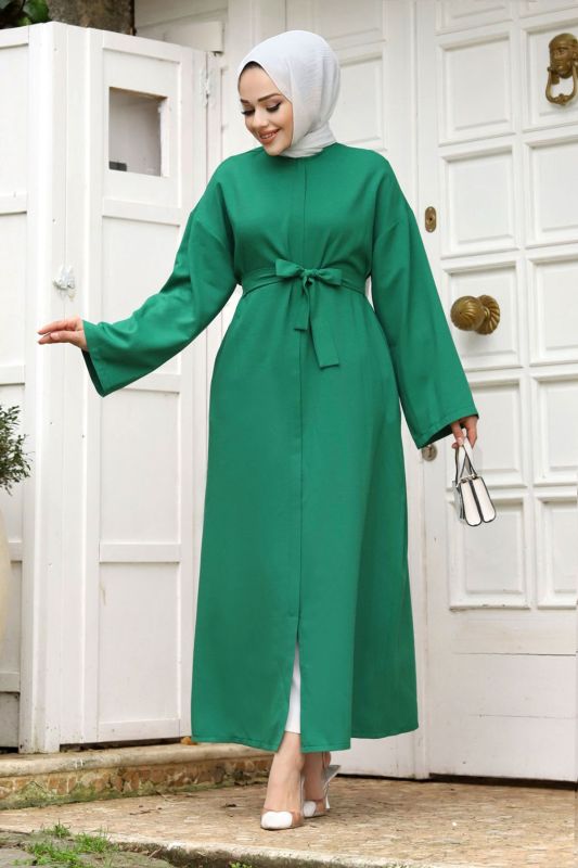 Yarasa Kol Beli Kuşaklı Ferace TSD240204 Zümrüt Yeşili - Tesettür Dünyası