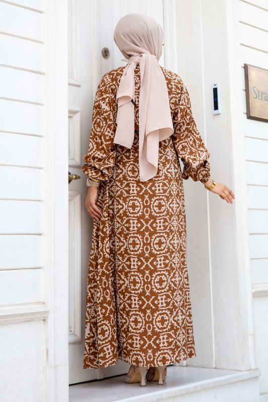 Yarasa Kol Beli Lastikli Desenli Viskon Elbise TSD240520 Camel - 5