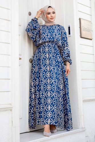 Yarasa Kol Beli Lastikli Desenli Viskon Elbise TSD240520 İndigo - Tesettür Dünyası