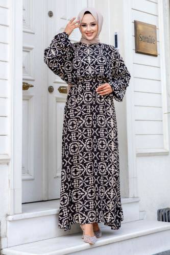 Yarasa Kol Beli Lastikli Desenli Viskon Elbise TSD240520 Siyah 