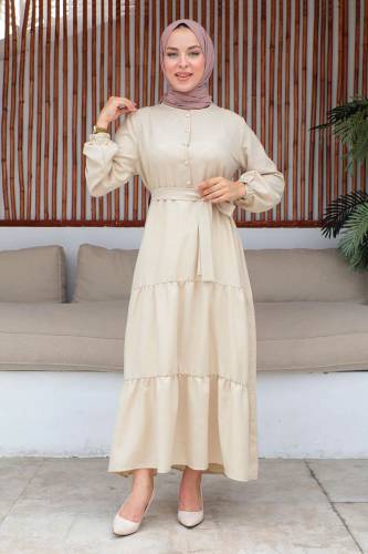 Yarım Düğmeli Eteği Volanlı Kuşaklı Elbise TSD240254 Bej 