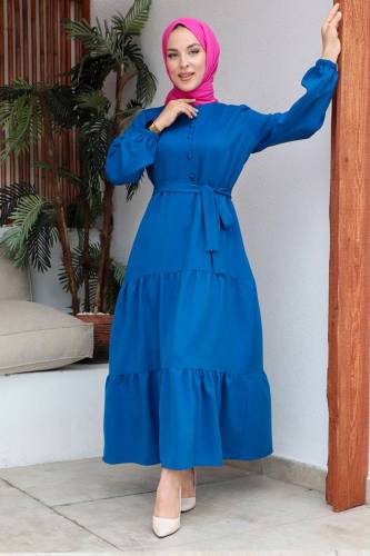 Yarım Düğmeli Eteği Volanlı Kuşaklı Elbise TSD240254 İndigo 