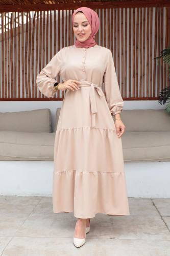 Yarım Düğmeli Eteği Volanlı Kuşaklı Elbise TSD240254 Somon - 1