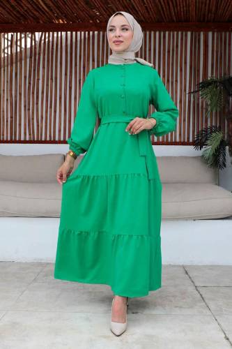 Yarım Düğmeli Eteği Volanlı Kuşaklı Elbise TSD240254 Yeşil 