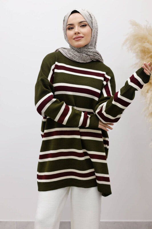 Yatay Çizgi Detaylı Triko Tunik TSD260108 Haki - Tesettür Dünyası (1)