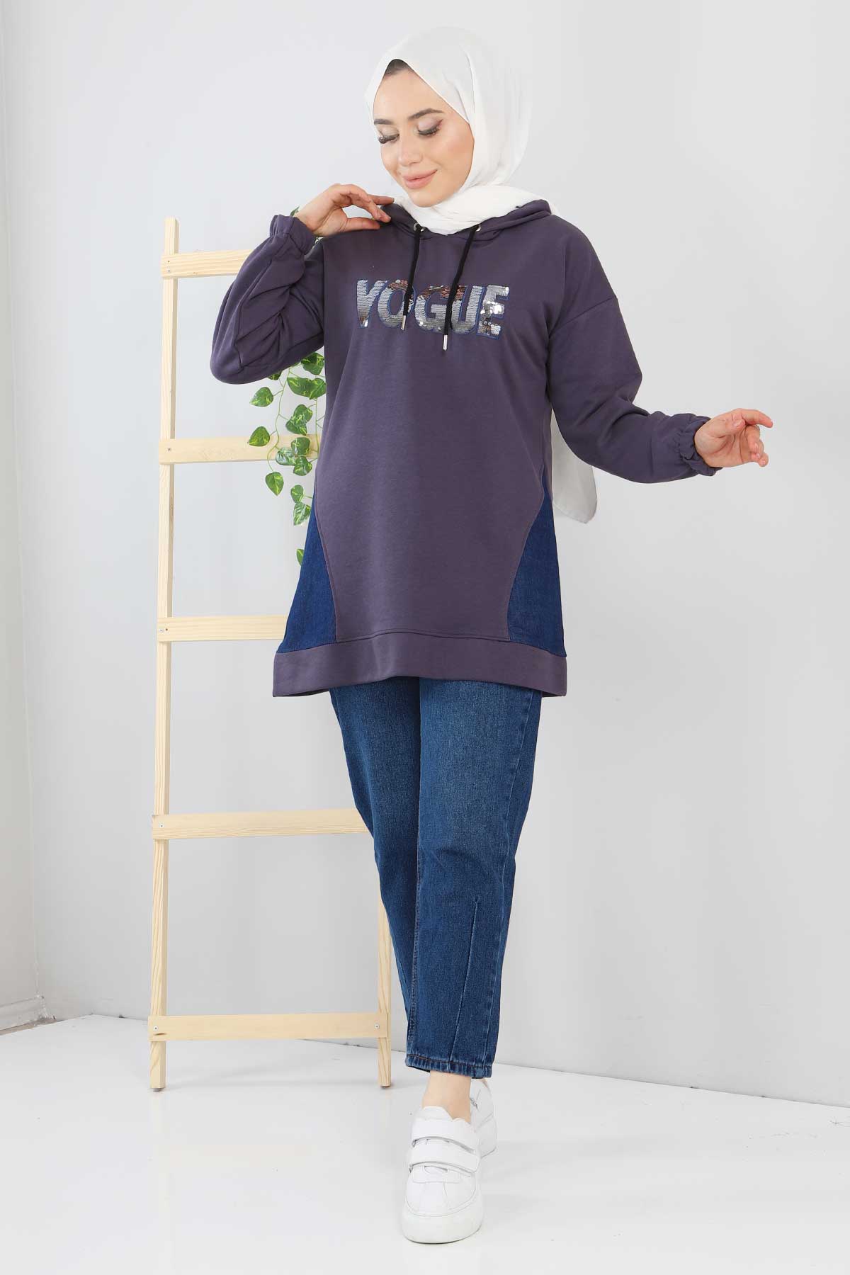 Tesettür Dünyası - Yazı Detaylı Sweatshirt TSD220102 Füme