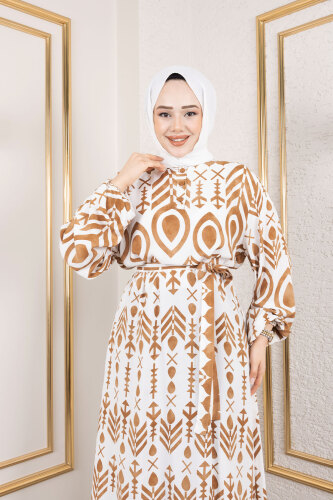 Damla Desenli Viskon Elbise TSD250140 Camel - Tesettür Dünyası (1)