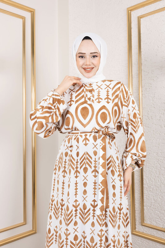 Damla Desenli Viskon Elbise TSD250140 Camel - Tesettür Dünyası (1)