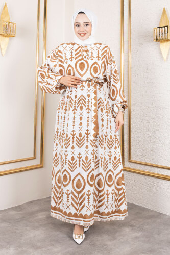 Damla Desenli Viskon Elbise TSD250140 Camel 