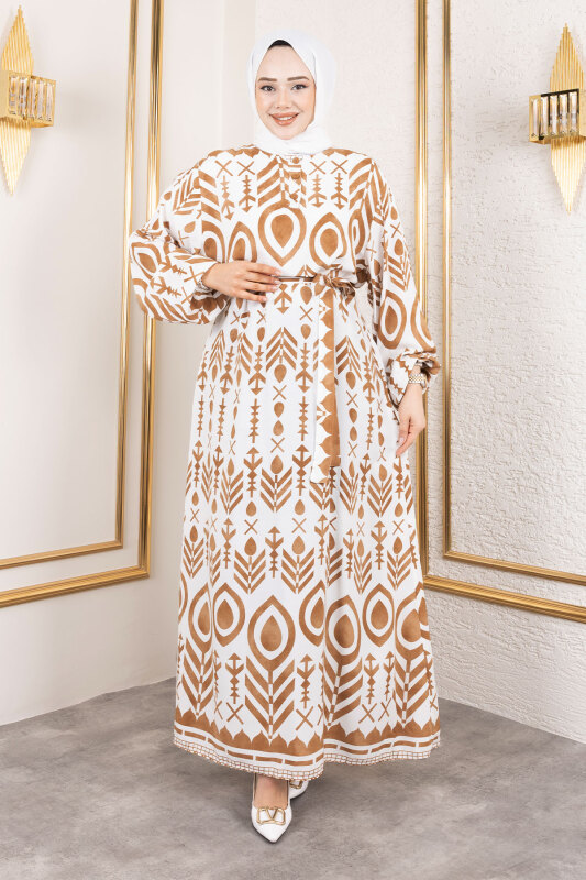 Damla Desenli Viskon Elbise TSD250140 Camel - Tesettür Dünyası