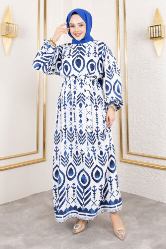 Damla Desenli Viskon Elbise TSD250140 İndigo - 3