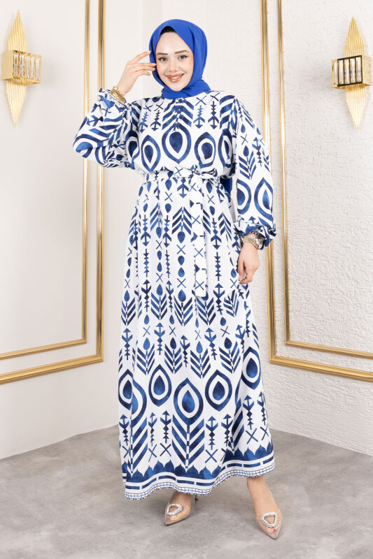 Damla Desenli Viskon Elbise TSD250140 İndigo - 3