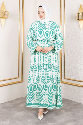 Damla Desenli Viskon Elbise TSD250140 Mint Yeşili - Tesettür Dünyası