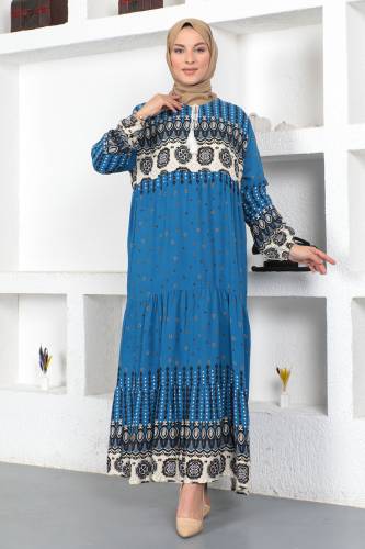 Yonca Desenli Elbise TSD230410 Mavi 