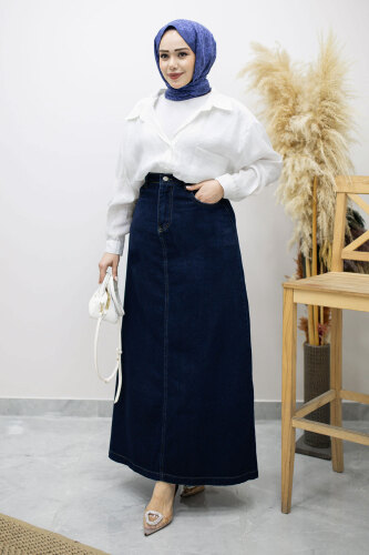 Yüksek Bel Kot Etek TSD260120 Koyu Mavi - Tesettür Dünyası