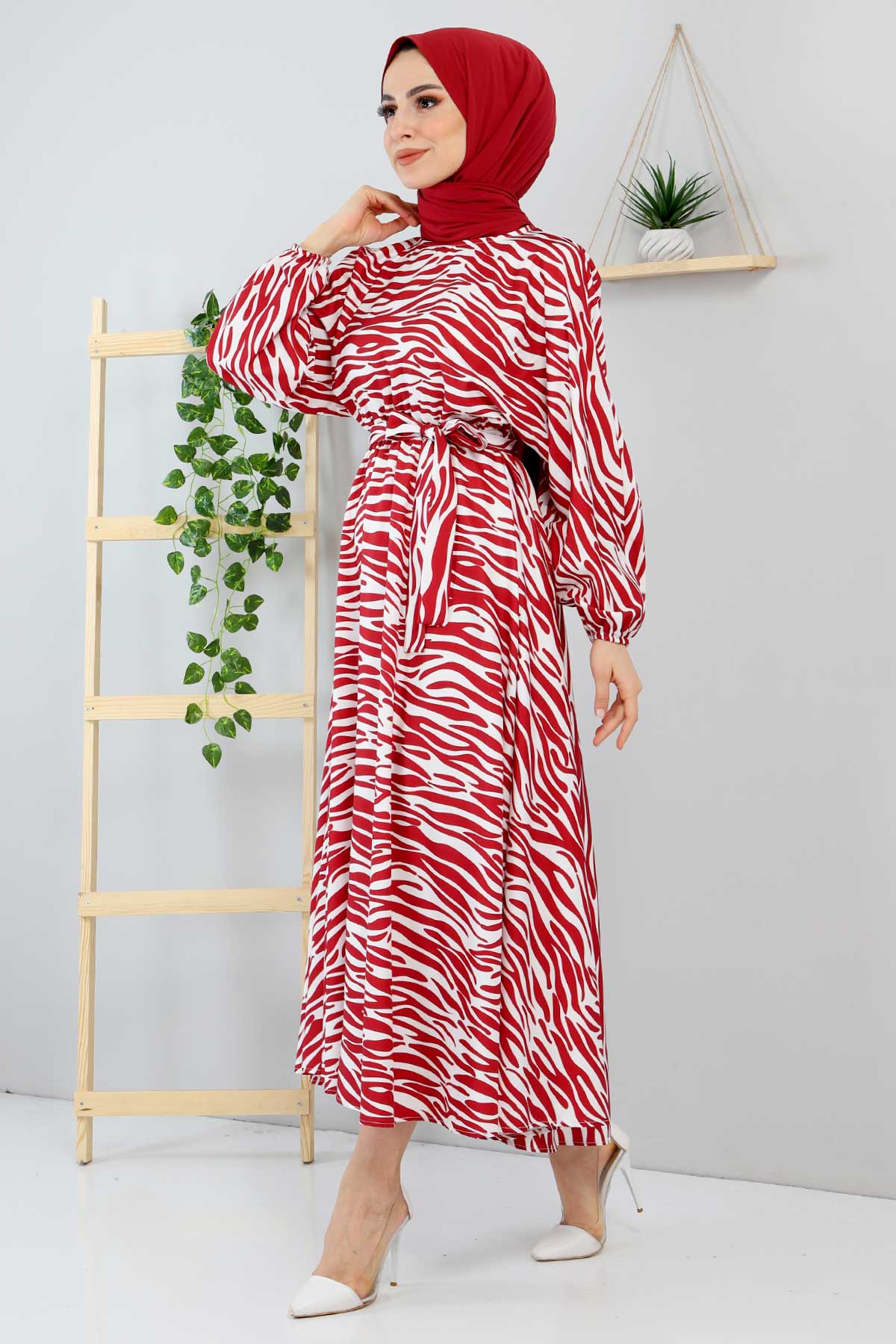 Tesettür Dünyası - فستان بتصميم زيبرا TSD220113 أحمر كلاريت