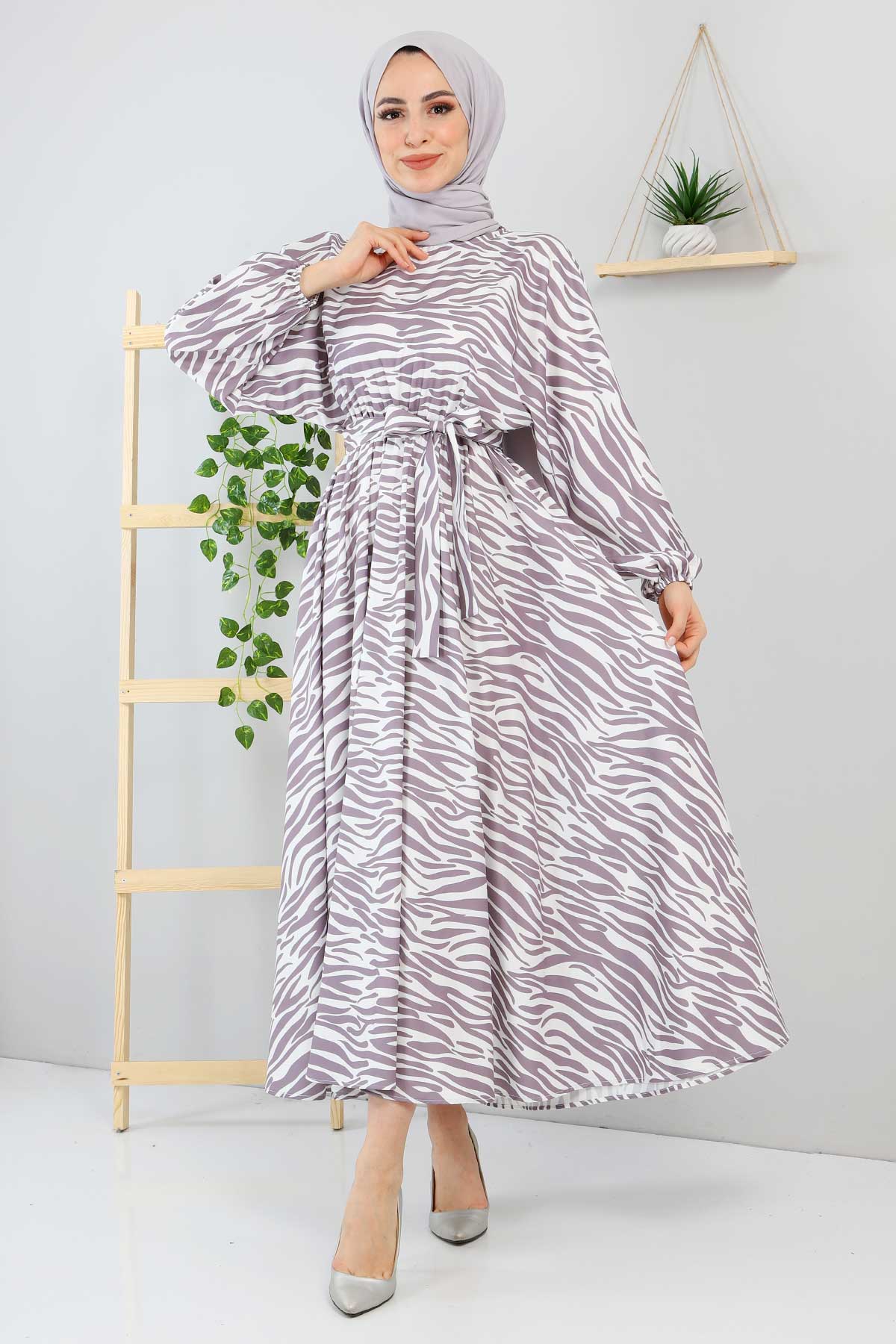 Tesettür Dünyası - Zebra Desenli Elbise TSD220113 Gri