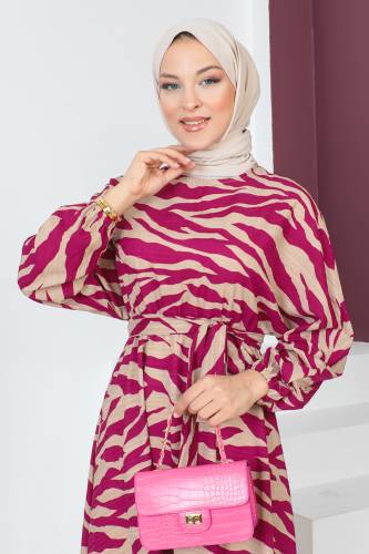Zebra Desenli Elbise TSD230624 Fuşya - Tesettür Dünyası (1)