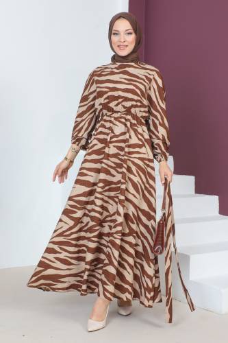 Zebra Desenli Elbise TSD230624 Kahverengi - 3