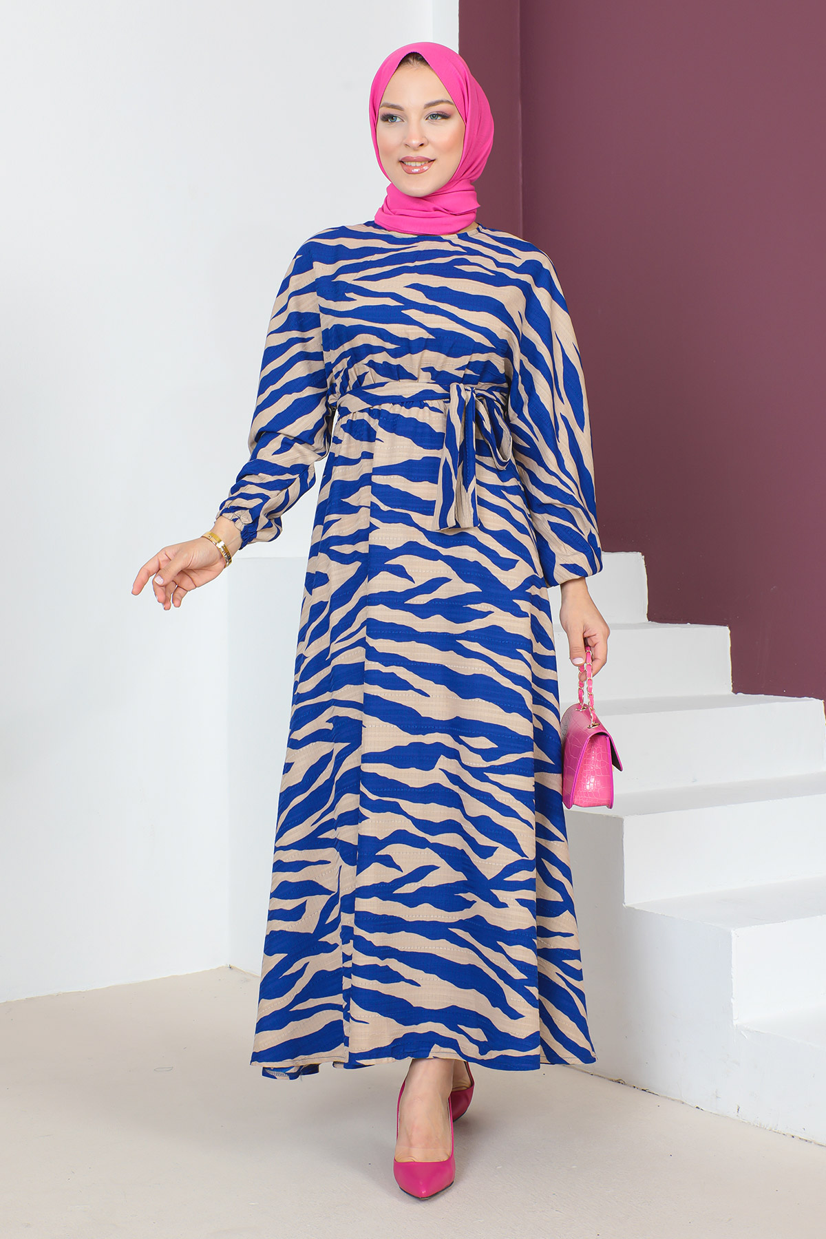 Tesettür Dünyası - Zebra Desenli Elbise TSD230624 Mavi