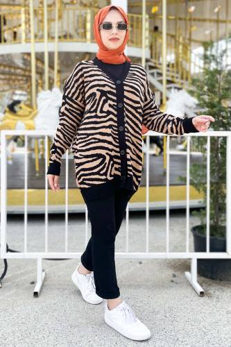 Zebra Desenli Triko Hırka TSD220713 Vizon 