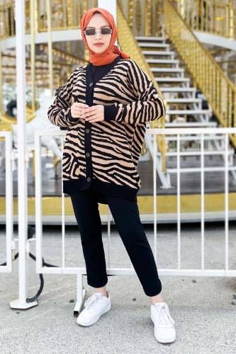 Zebra Desenli Triko Hırka TSD220713 Vizon - 2