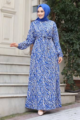 Zebra Desenli Kolu Lastikli Tesettür Elbise TSD240322 Saks Mavisi - 1