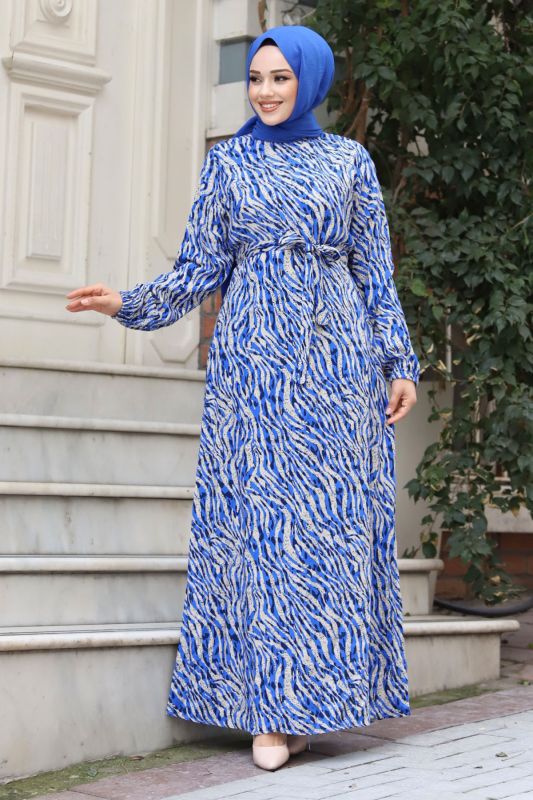 Zebra Desenli Kolu Lastikli Tesettür Elbise TSD240322 Saks Mavisi - 1