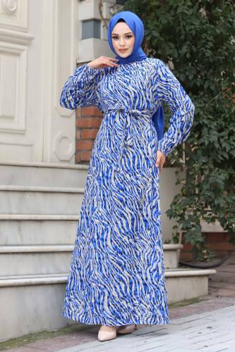 Zebra Desenli Kolu Lastikli Tesettür Elbise TSD240322 Saks Mavisi - 3