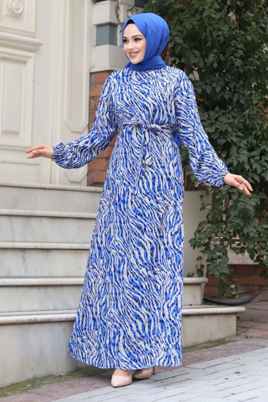 Zebra Desenli Kolu Lastikli Tesettür Elbise TSD240322 Saks Mavisi - 4