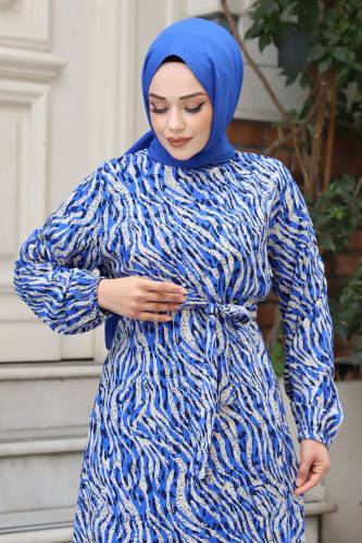 Zebra Desenli Kolu Lastikli Tesettür Elbise TSD240322 Saks Mavisi - 2