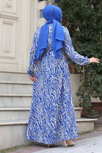 Zebra Desenli Kolu Lastikli Tesettür Elbise TSD240322 Saks Mavisi - 5