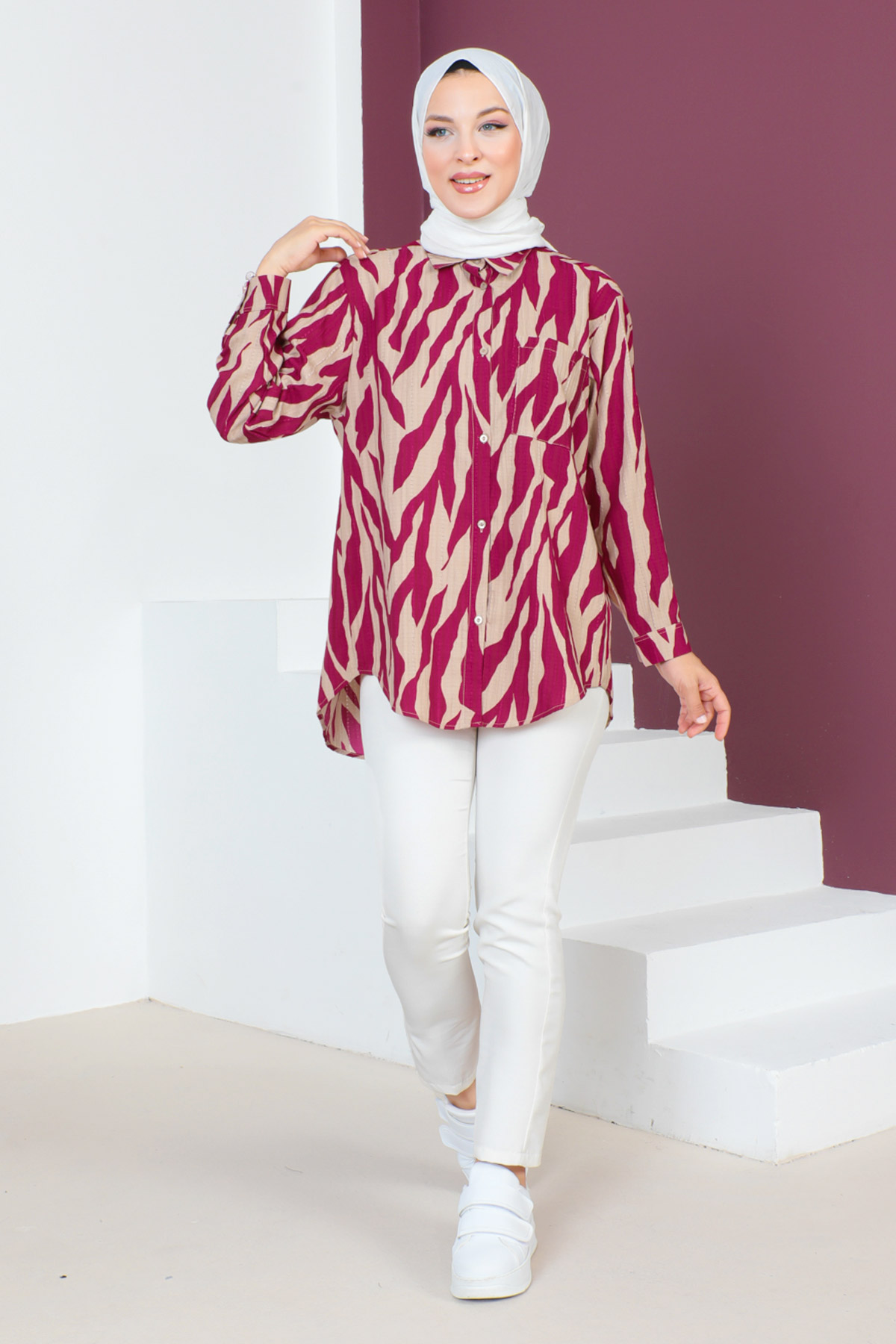 Tesettür Dünyası - Zebra Desenli Tunik TSD230639 Fuşya