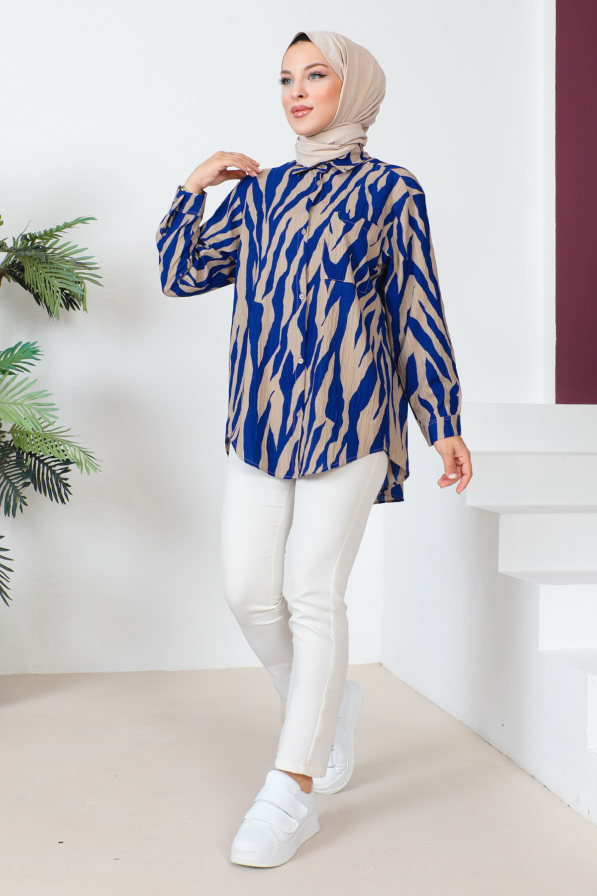 Tesettür Dünyası - Zebra Desenli Tunik TSD230639 Mavi