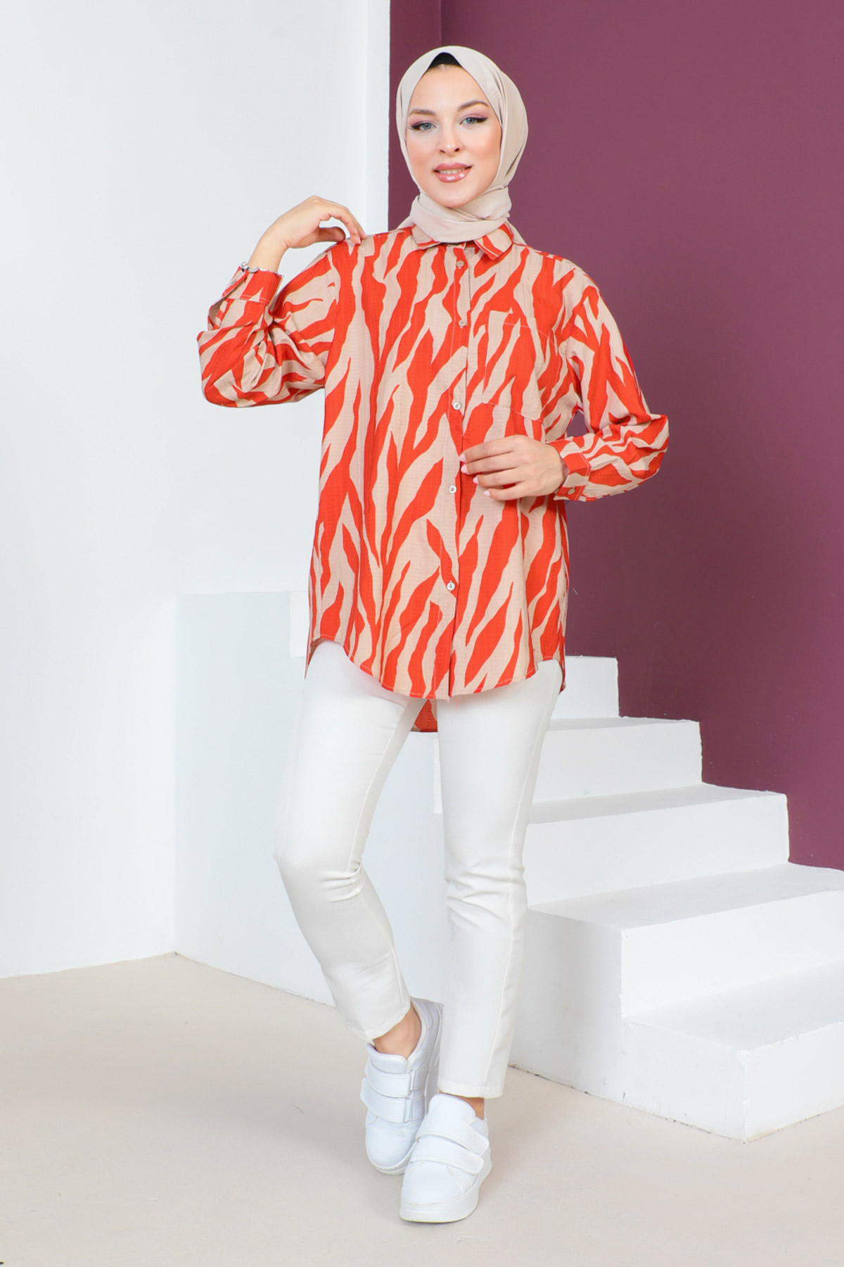 Tesettür Dünyası - Zebra Desenli Tunik TSD230639 Turuncu