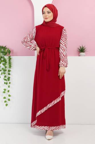 Zebra Detaylı Elbise TSD220326 Bordo 