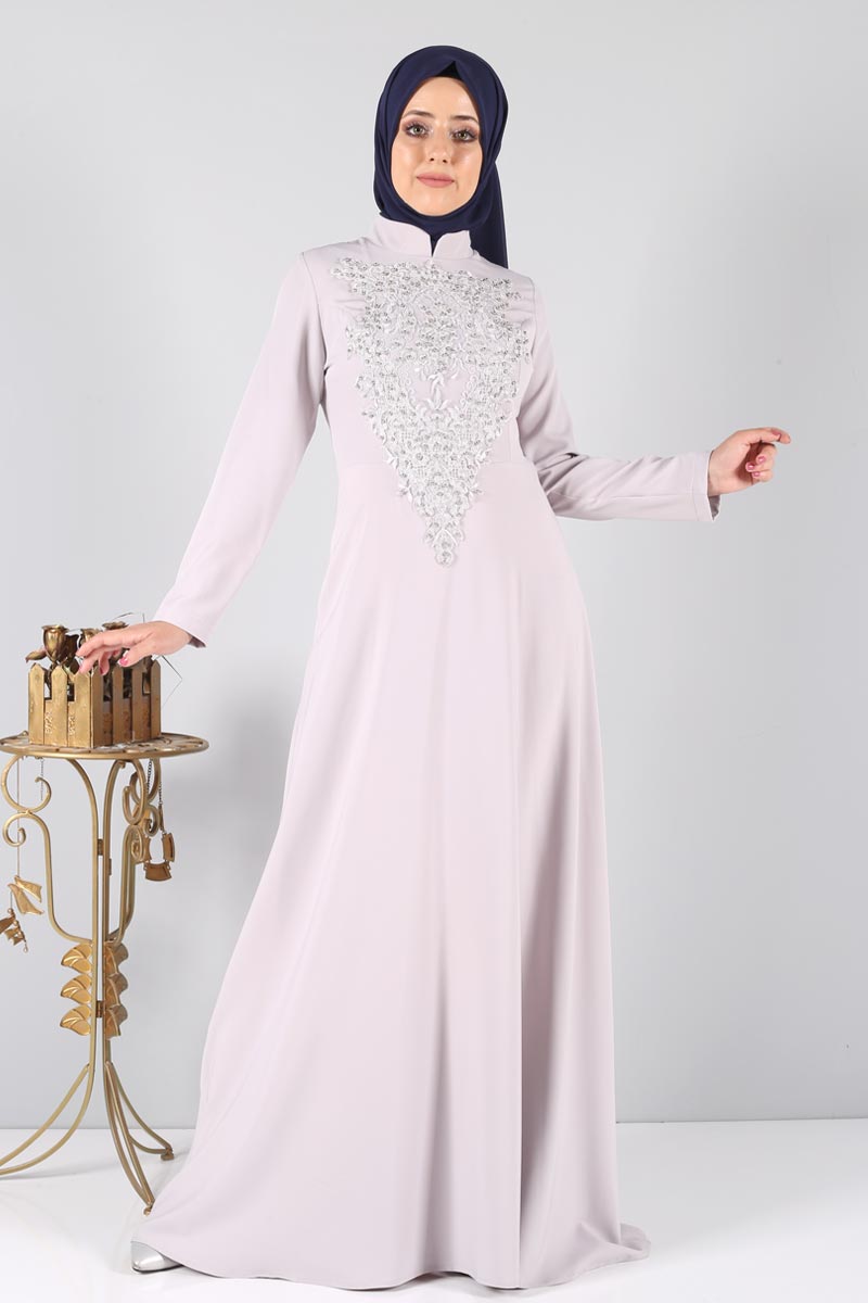 Tesettür Dünyası - Zeynep Pattern Evening Dress STY1890 Silver