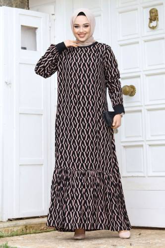 Zikzak Desenli Eteği Volanlı Elbise TSD240237 Vizon - 1