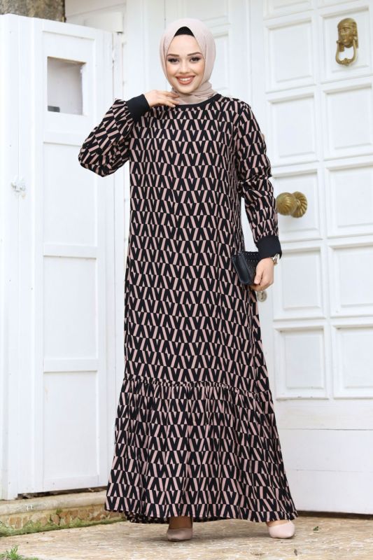 Zikzak Desenli Eteği Volanlı Elbise TSD240237 Vizon - 1