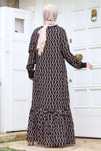 Zikzak Desenli Eteği Volanlı Elbise TSD240237 Vizon - 5