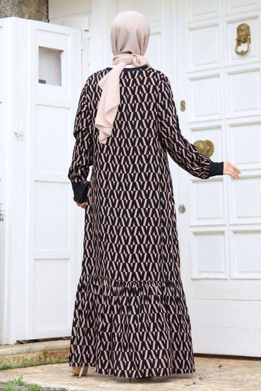 Zikzak Desenli Eteği Volanlı Elbise TSD240237 Vizon - 5