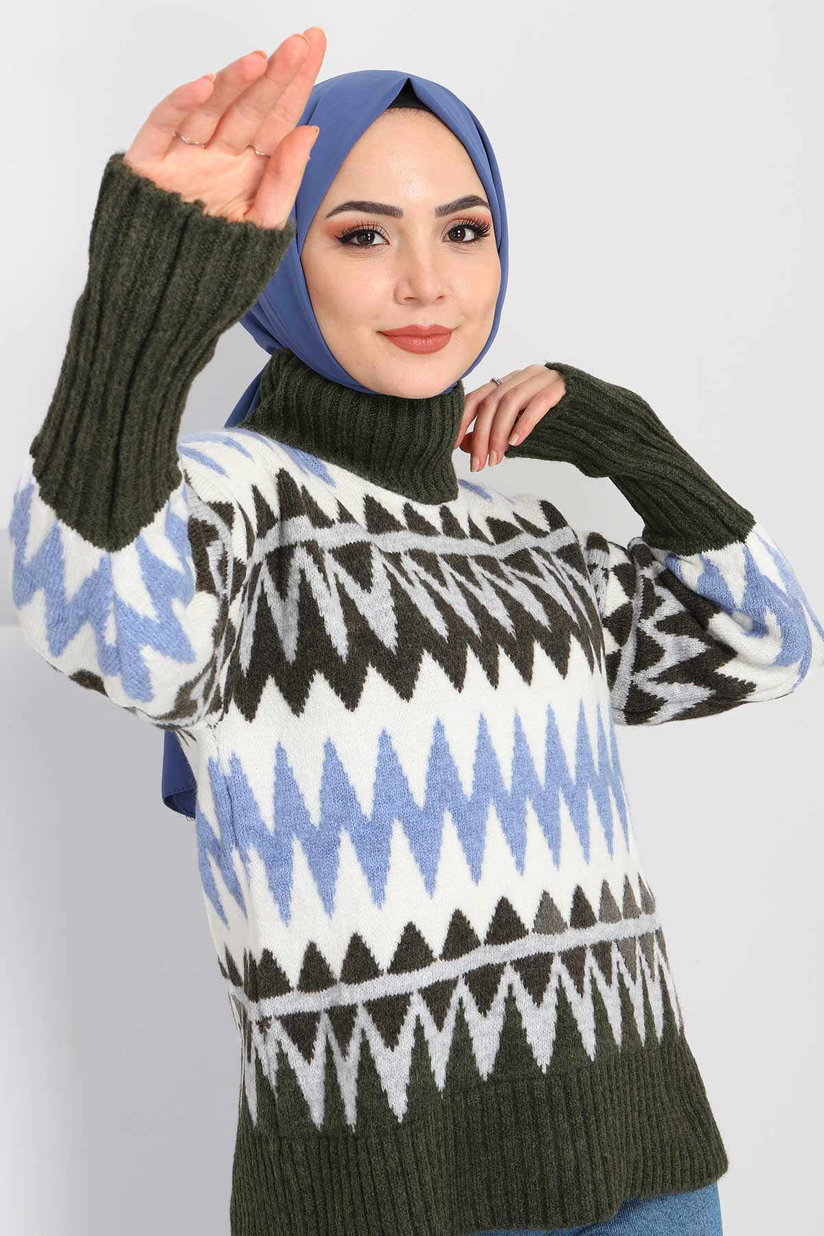 Tesettür Dünyası - Zigzag Patterned Sweater TSD211207 Khaki