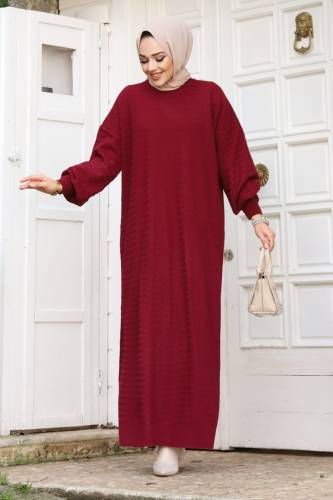 Zikzak Desenli Triko Elbise TSD240215 Bordo 